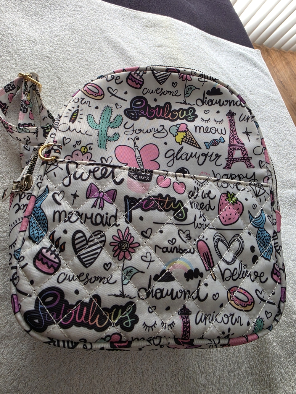Girls Quilted Graphic Mini Backpack — Pink, Mint & Black